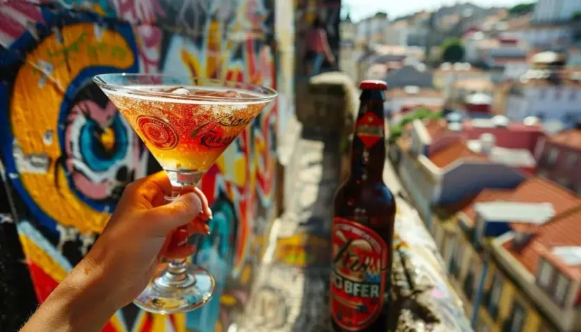 Une main tient un verre à martini pétillant, à côté d'une bouteille de bière, sur fond de graffitis colorés et d'une ville ensoleillée.