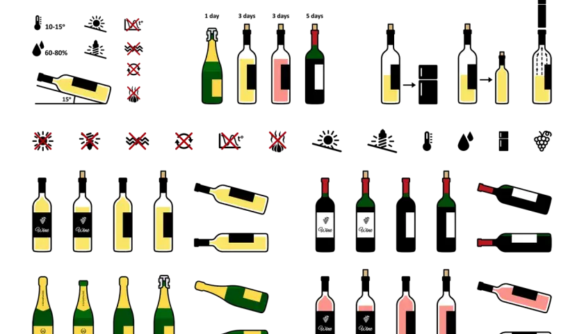Illustrations de bouteilles de vin et de champagne, certaines couchées, d'autres debout, montrant la **conservation du vin**.
