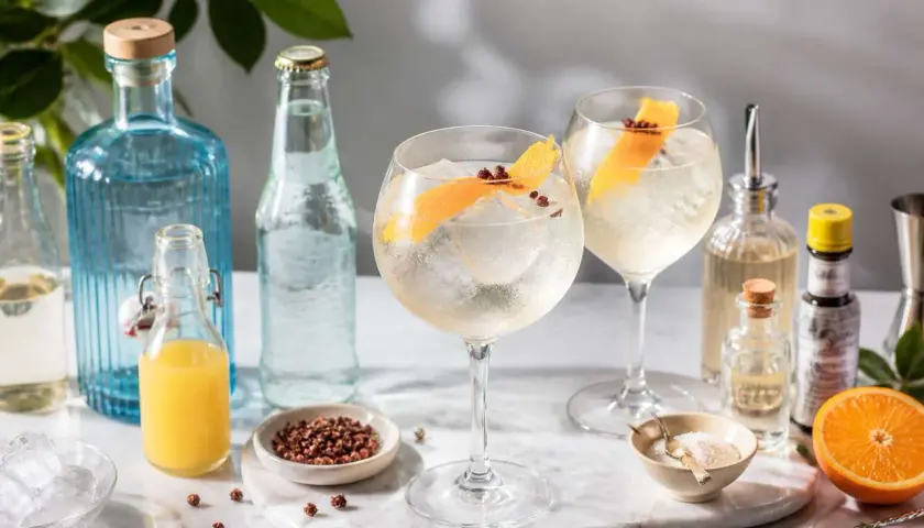 Deux cocktails martini blanc tonic, glacés et garnis d'écorce d'orange, prêts à être dégustés.