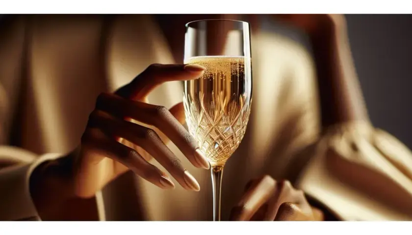 Une main élégante tient une coupe de champagne pétillante, évoquant le plaisir et la célébration. C'est pourquoi on trinque : pour savourer ces instants précieux.