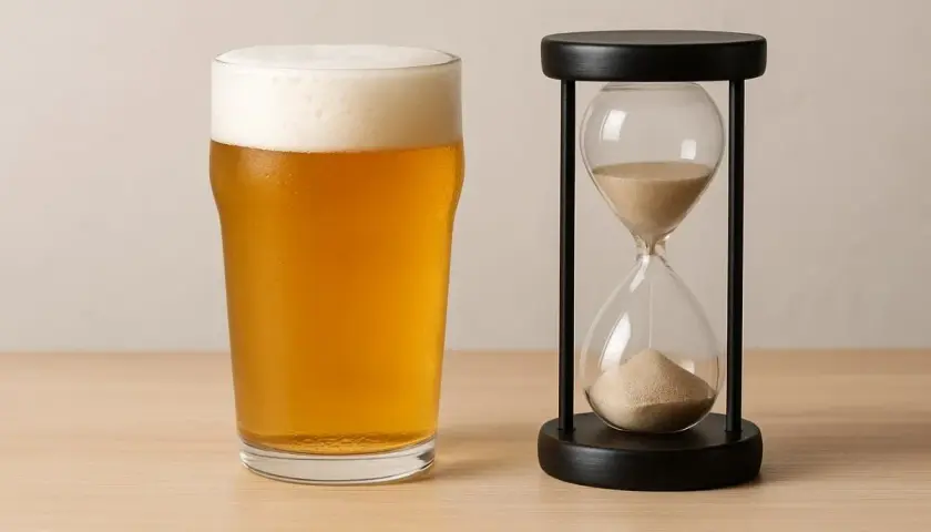 Un verre de bière dorée avec une mousse épaisse à côté d'un sablier. Le temps s'écoule, attention au taux d'alcoolémie.