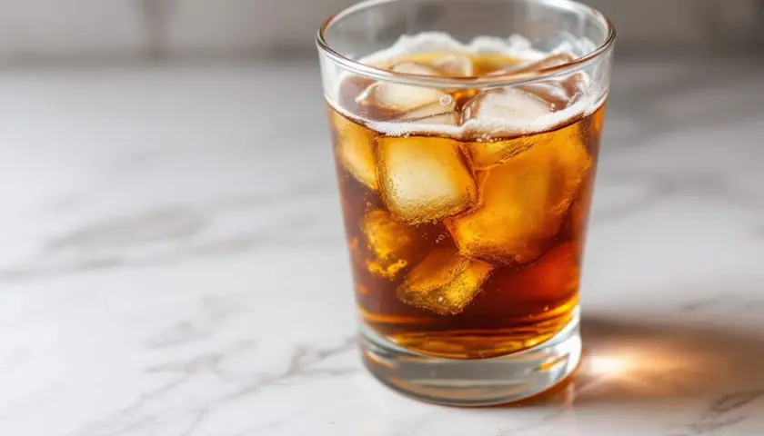 Verre de boisson ambrée avec des glaçons, une boisson rafraîchissante qui peut masquer le tableau taux de sucre dans l'alcool.
