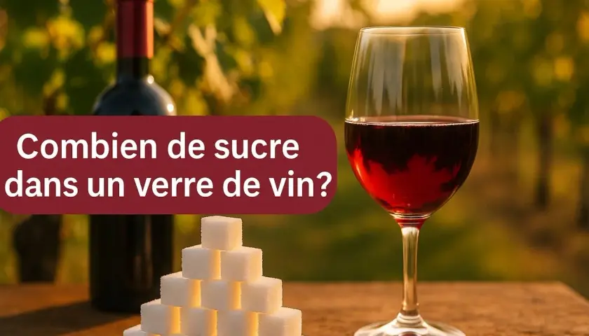 Une pyramide de morceaux de sucre à côté d'un verre de vin rouge et d'une bouteille, avec le texte "Combien de sucre dans un verre de vin?".