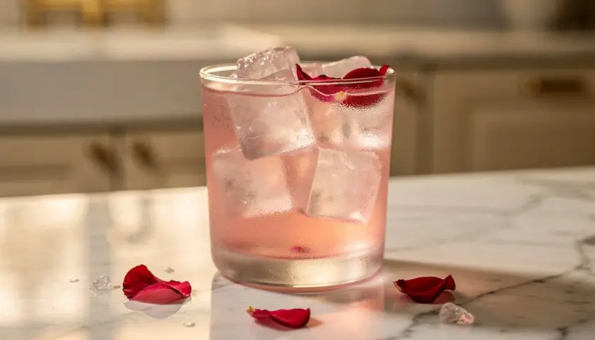 Un délicieux martini rosé, rafraîchi par des glaçons et orné de pétales de rose, sur un comptoir en marbre.