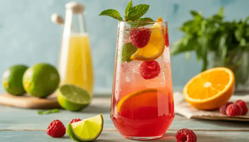 Un verre de boisson rose vif garni de framboises, d'orange et de menthe, avec des citrons verts et une bouteille de jus en arrière-plan. Un équilibre parfait entre le **sweet and sour**.