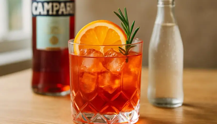 Un verre d'Americano, garni d'une tranche d'orange et d'une branche de romarin, prêt à être dégusté. La recette americano traditionnelle est simple et rafraîchissante.