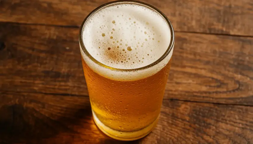 Un verre de bière dorée avec une mousse blanche sur une table en bois. La bière valeur nutritionnelle est un sujet de discussion.