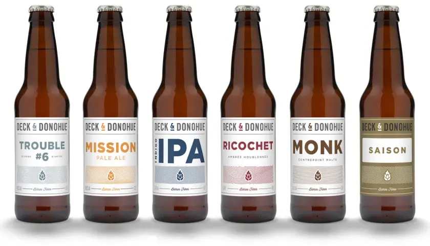 Six bouteilles de bières Deck & Donohue : Trouble, Mission, IPA, Ricochet, Monk, Saison. Difficile de savoir quelle bière choisir ?