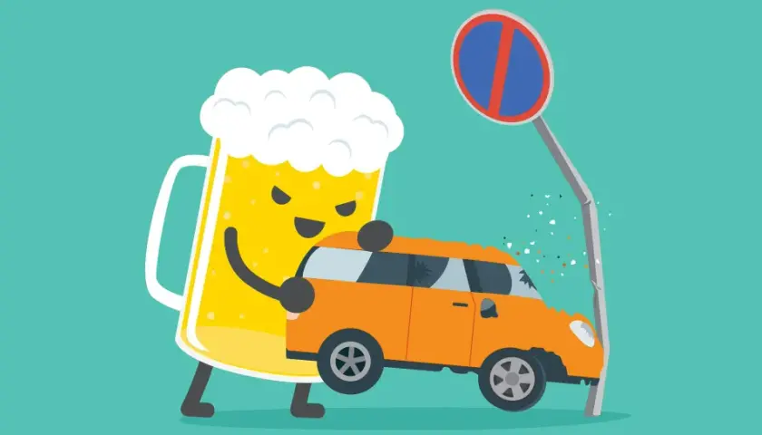 Une chope de bière, symbole d'un taux d'alcoolémie élevé, percute une voiture contre un panneau d'interdiction de stationner.