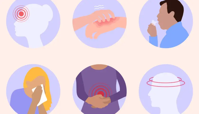 Symptômes d'une allergie à la bière : maux de tête, éruptions cutanées, toux, nez qui coule, douleurs abdominales et vertiges.