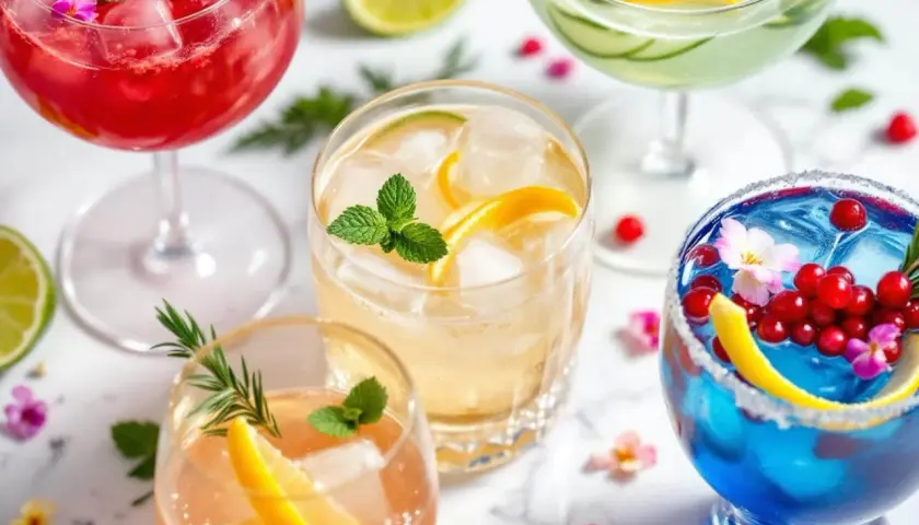 Cinq cocktails colorés, garniture de fruits et menthe, prêts pour une fête. Un cocktail 5 alcool pour tous les goûts.