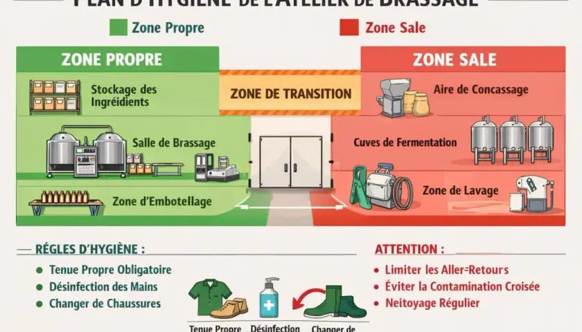 Plan d'hygiène d'un atelier de brassage : zones propres (stockage, salle de brassage, embouteillage) et sales (concassage, cuves de fermentation, lavage), avec règles d'hygiène pour la bière à fermentation haute.