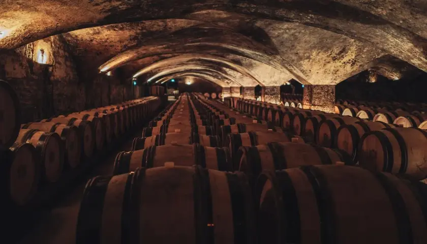 Cave voûtée remplie de rangées de fûts de chêne en bois.
