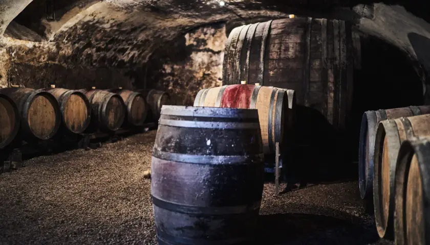 Cave voûtée du **château grange cochard** remplie de fûts de chêne anciens, certains marqués de rouge, attendant patiemment le vieillissement du vin.