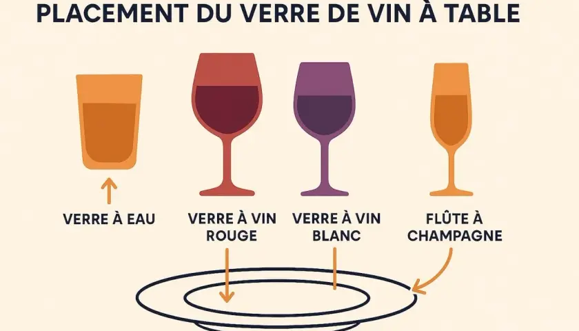 Disposition des verres à table : verre à eau, verre à vin rouge, verre à vin blanc et flûte à champagne.