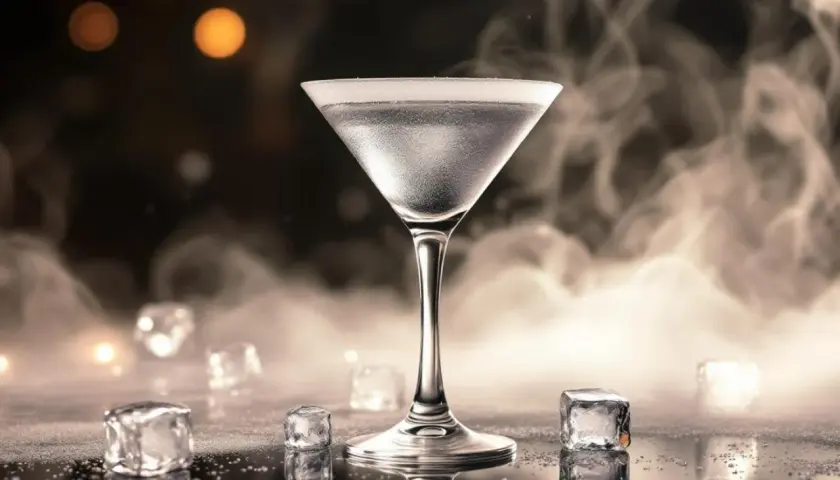 Un verre de martini vodka givré, entouré de glaçons et de fumée, ambiance feutrée.