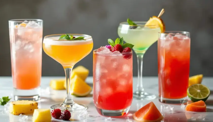 Cinq cocktails colorés, parfaits pour un cocktail été, garnissent la table avec des fruits frais et de la glace.
