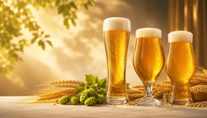 Trois verres de bière dorée, mousseuse, entourés d'épis de blé et de houblon. Les ingrédients de la base de la bière, baignés d'une lumière chaude.