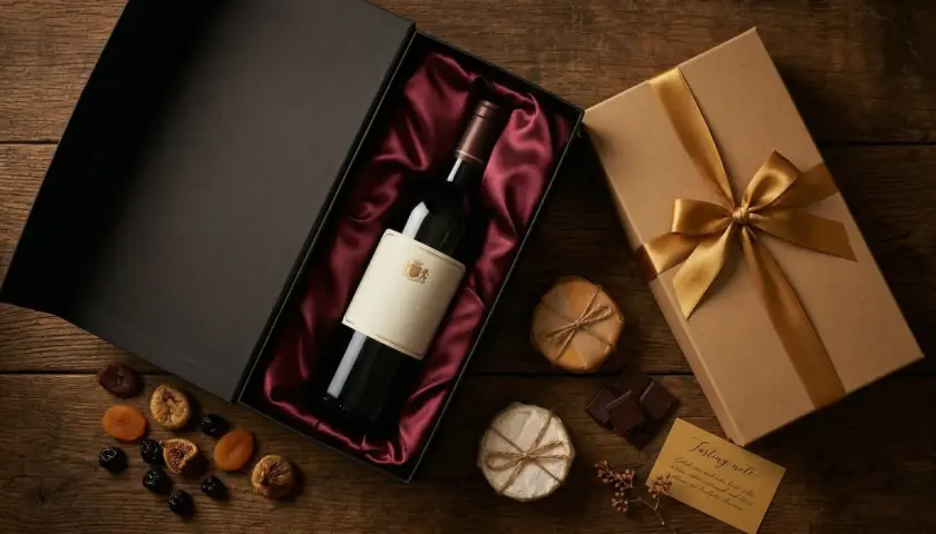 Un coffret cadeau élégant avec une bouteille de vin, des fruits secs et du chocolat, prêt à être offert par Jean-Claude Boisset.