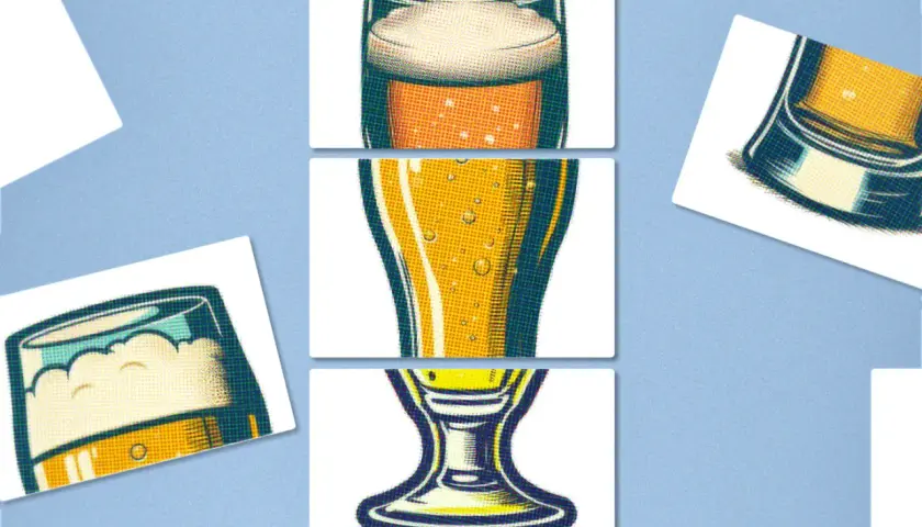 Trois verres de bière, dont une bière sour, illustrés dans un style rétro, sur fond bleu.