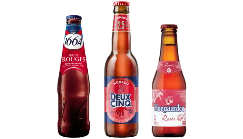 Trois bières peu alcoolisées : 1664 Fruits Rouges, Monaco Deux Cinq et Hoegaarden Rosée.