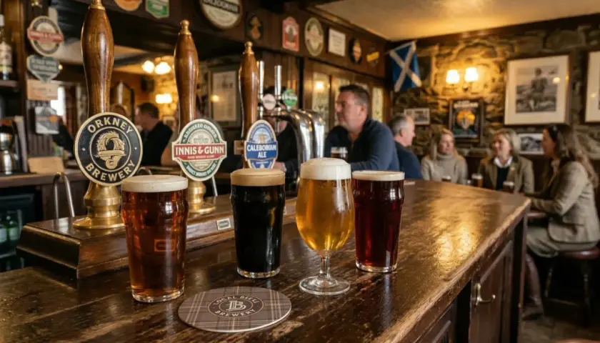 Quatre bières écossaises, dont une bière brune foncée et une bière ambrée, sur un comptoir de pub. Des tireuses à bière affichent des logos de brasseries écossaises.