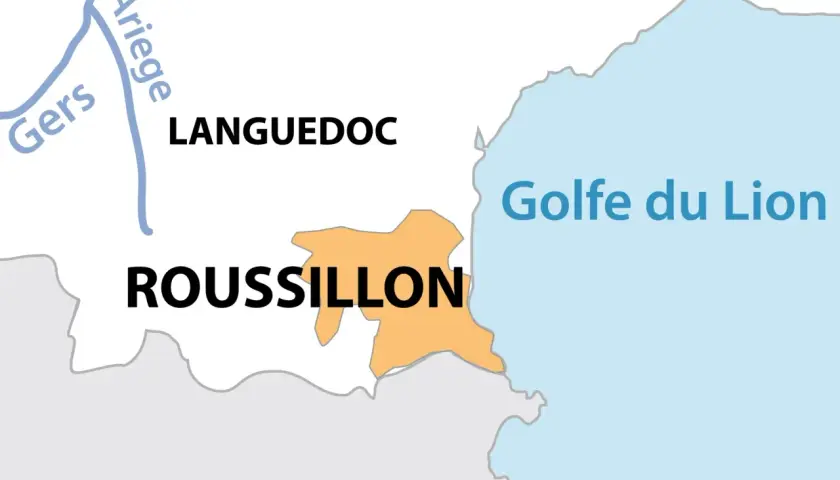 Carte de France montrant le Roussillon, le Languedoc et le Golfe du Lion.