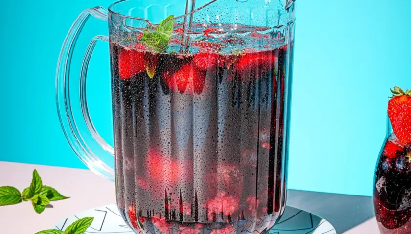 Un pichet de sangria maison pétillante, rempli de fruits rouges et de menthe, prêt à rafraîchir.
