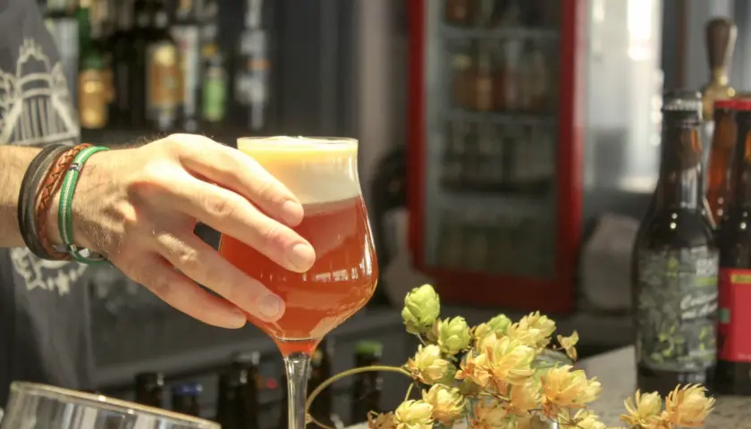 Main d'un homme tenant un verre de bière IPA ambrée, avec des cônes de houblon frais sur le comptoir.