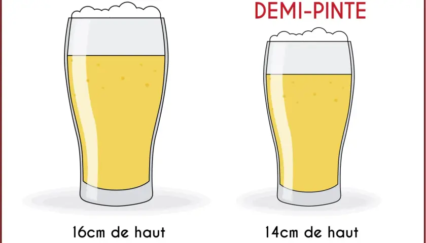 Deux verres de bière, une pinte et une demi-pinte, avec leurs dimensions et capacités indiquées.