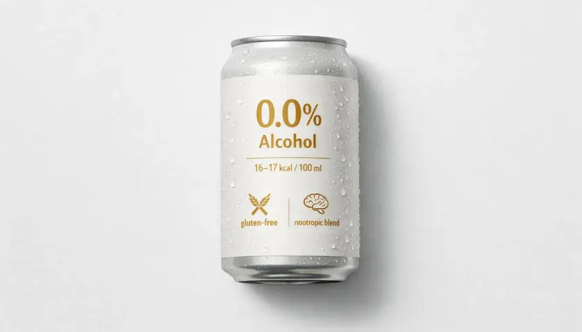 Canette de bière IPA sans alcool, 0.0%, 16-17 calories par 100 ml, sans gluten, avec un mélange nootropique.