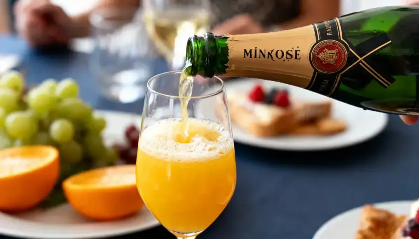 Un cocktail à base de champagne est versé dans un verre, avec des fruits frais et des viennoiseries en arrière-plan.