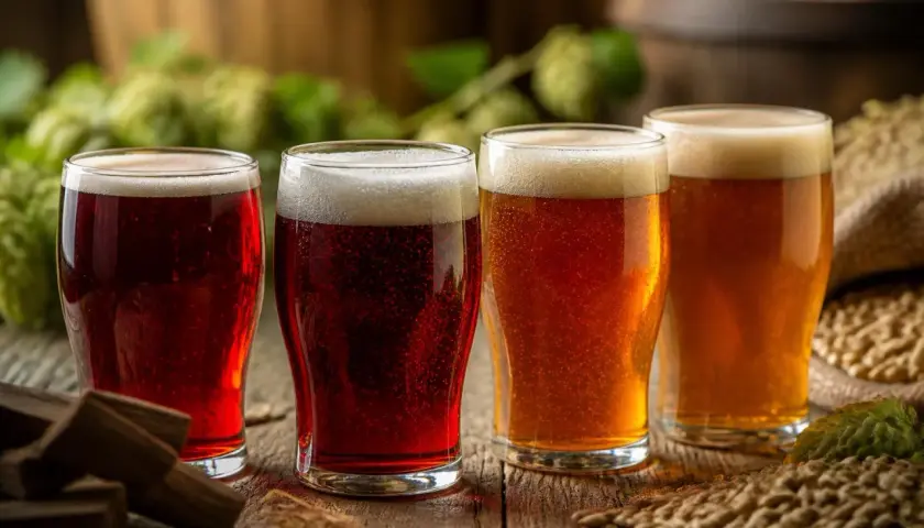 Quatre verres de bière, dont deux bières rouges foncées, sur une table en bois avec du houblon et du malt en arrière-plan.