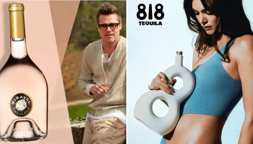 Bouteille de vin rosé Miraval, Brad Pitt avec un verre, et une bouteille de tequila 818. Le vin de Georges Clooney est aussi présent.