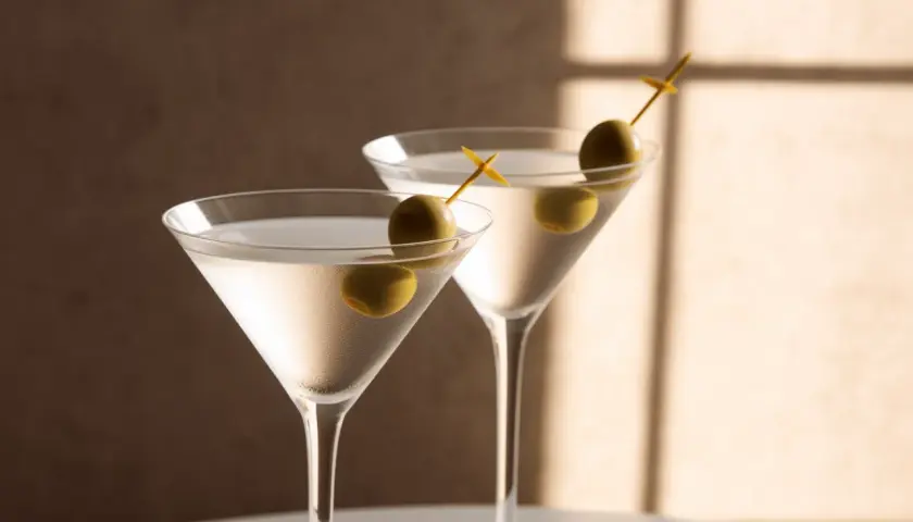 Deux dry martini glacés, décorés d'olives vertes, prêts à être dégustés. Une recette simple pour un cocktail parfait.
