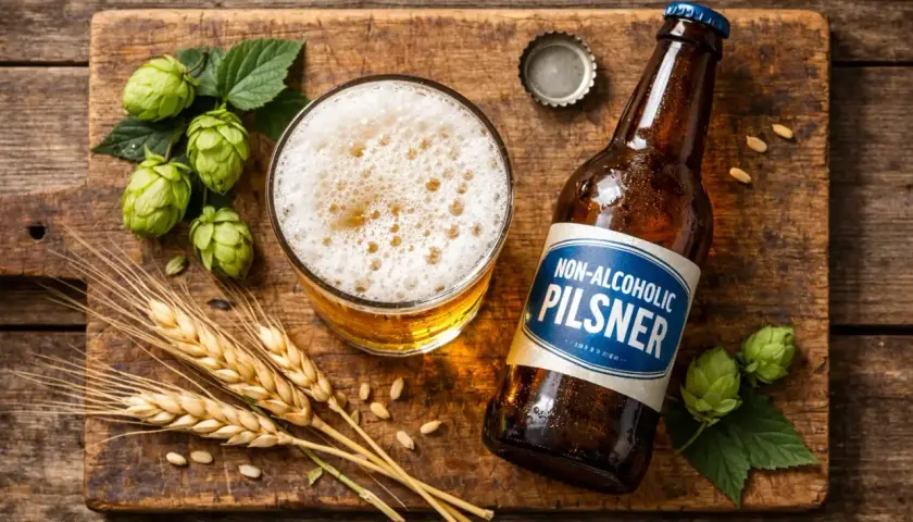 Bière sans alcool Pilsner, avec houblon et blé. Une option légère pour savourer sans se soucier des calories.