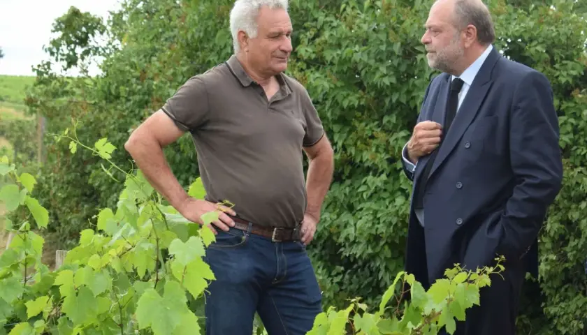 Deux hommes discutent au milieu des vignes du Clos de la Roilette. L'un porte un polo marron et jean, l'autre un costume sombre.