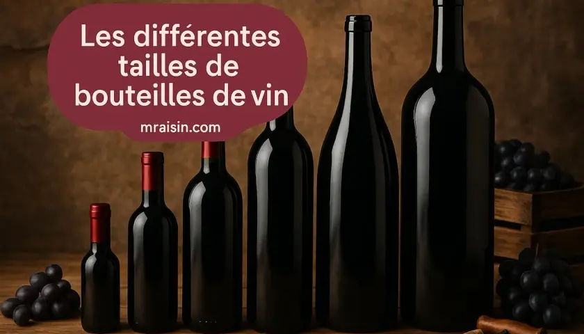 Cinq bouteilles de vin noir de tailles différentes, du plus petit au plus grand, présentées en ordre. Des grappes de raisin et un tire-bouchon complètent la scène.