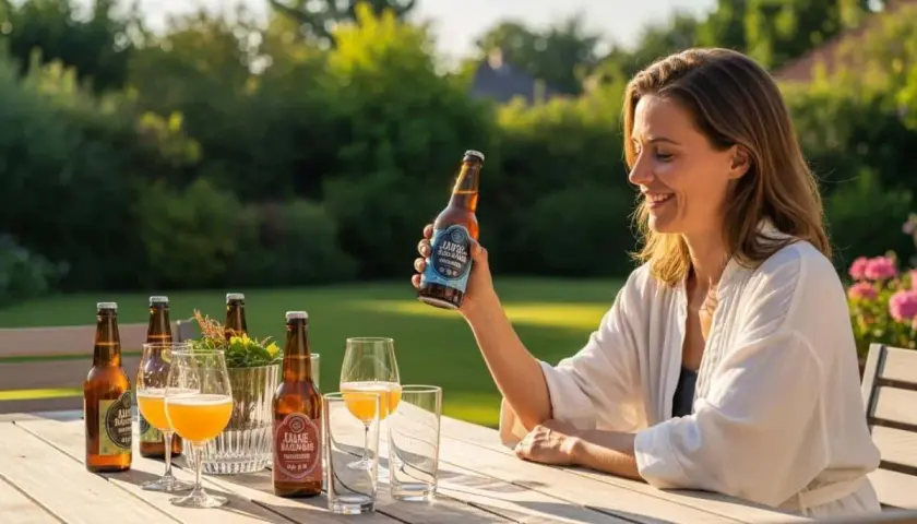 Une femme souriante tient une bouteille de bière Tourtel Twist, prête à partager un moment convivial en terrasse.