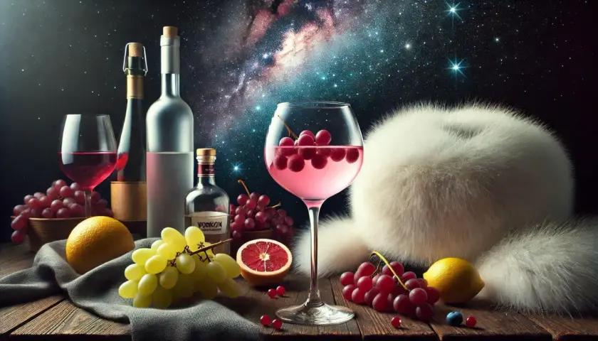 Un cocktail rosé avec des raisins, du vin blanc, de la vodka et des fruits, sur fond de ciel étoilé.