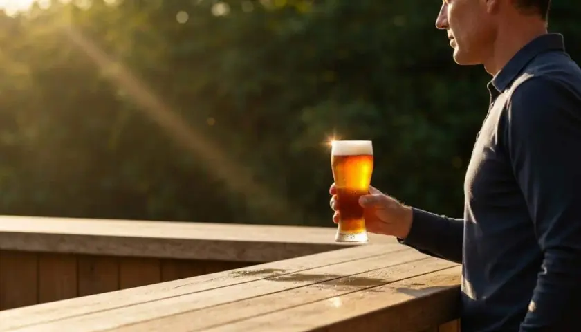 Un homme tient un verre de bière ambrée, éclairé par le soleil. La question est : est ce que la bière sans alcool fait grossir ?