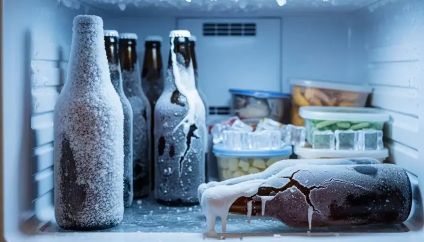 Bouteilles de bière gelées dans un congélateur. La température est si basse que la bière est recouverte de givre et une bouteille est fissurée par le froid.