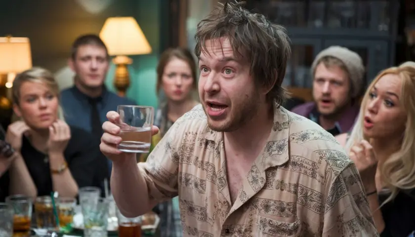 Un homme tient un verre d'eau, expliquant comment faire baisser l'alcool à ses amis surpris lors d'une soirée.