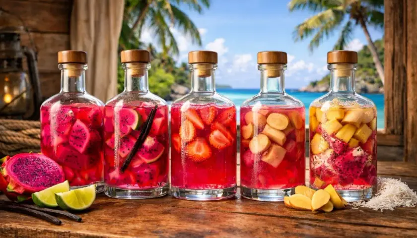 Cinq bouteilles de **cocktail rhum fraise ananas** infusé de fruits tropicaux, sur fond de plage paradisiaque.