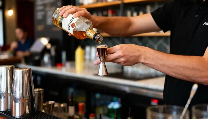 Un barman verse du whisky d'une bouteille dans un doseur. Il prépare un cocktail, prêt à boire à la bouteille ou au verre.