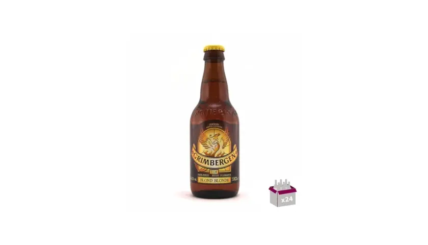 Bouteille de bière Grimbergen Blonde, 6.7% vol. Un carton de 24 est visible à droite.
