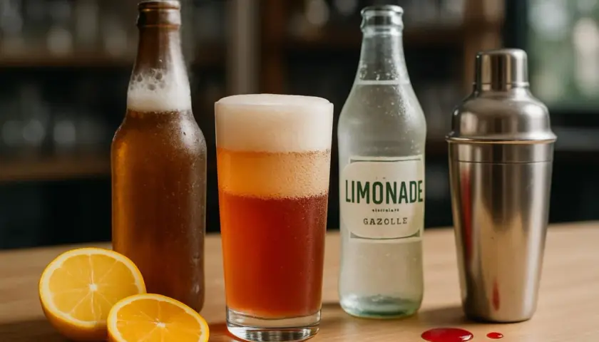 Un verre de monaco pétillant, une bière, une limonade gazeuse, des citrons et un shaker sur un bar en bois.
