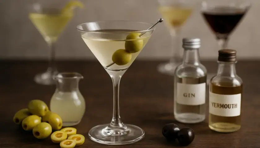 Un dry martini cocktail, garni de deux olives, prêt à être dégusté. Des bouteilles de gin et de vermouth sont à proximité.