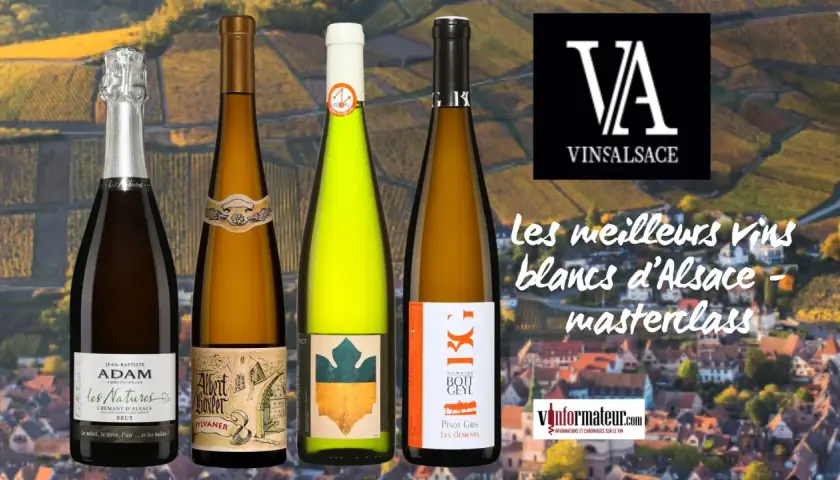 Quatre bouteilles de vin d'Alsace, dont un Albert Boxler Sylvaner, sur fond de vignobles.