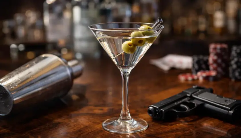 Un verre de martini, un shaker, des jetons de casino et un pistolet sur un bar en bois. L'ambiance parfaite pour un apéro James Bond.